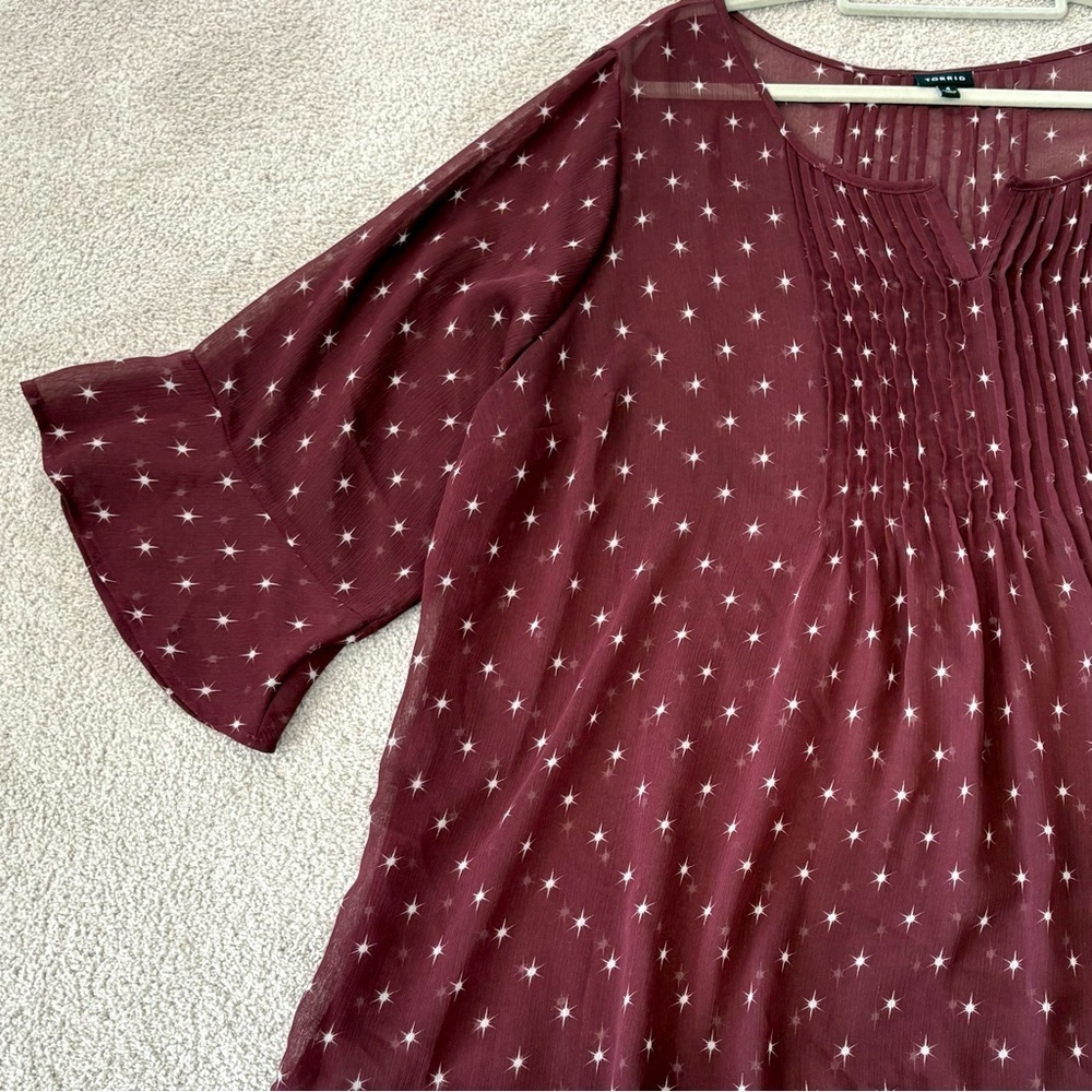 Torrid Pintuck Chiffon Burgundy Dot Star Peasant Sheer Blouse Women Plus Size 4 - Picture 12 of 17
